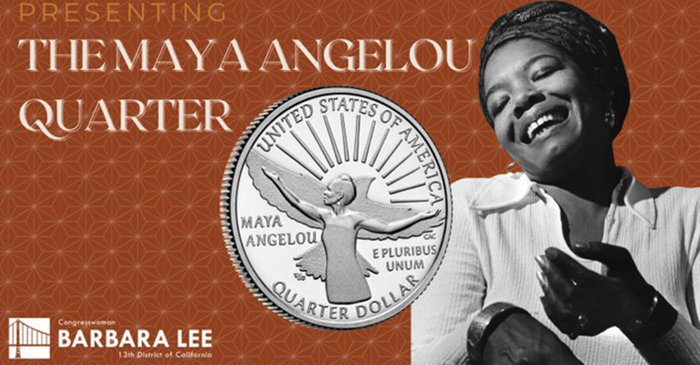 The commemorative new coin features Angelou with her arms uplifted like a bird in flight and a rising sun behind her.