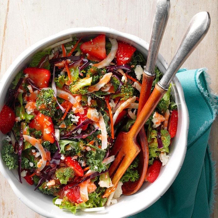 Fresh and Savory Kale Slaw Spring Salad with Strawberries and Feta Cheese