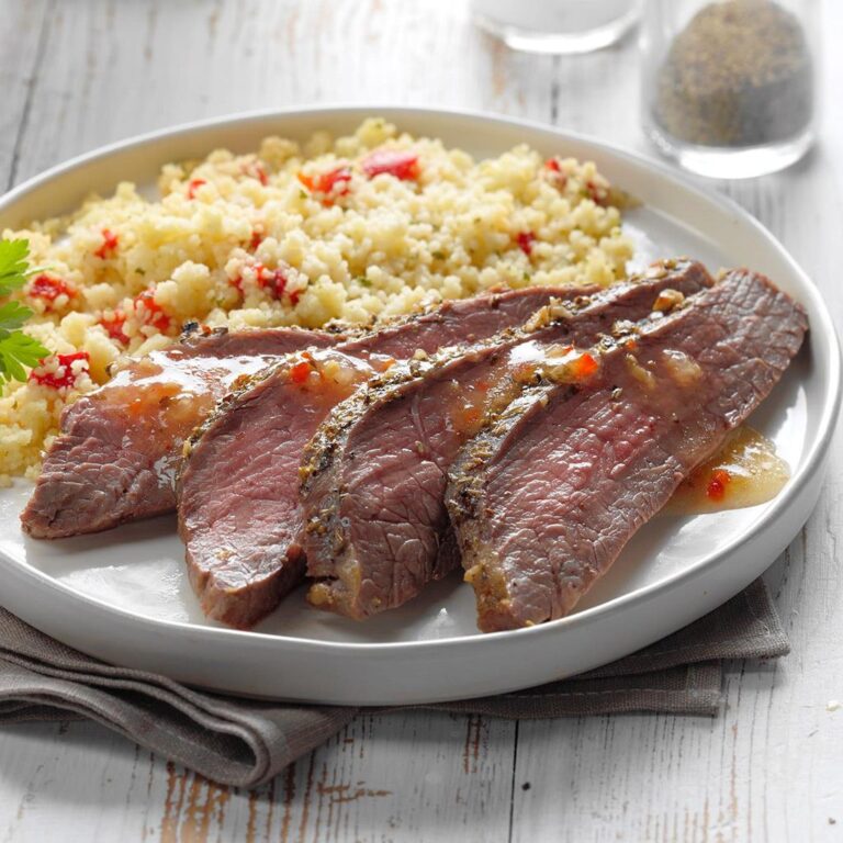 Easy and Flavorful Beef Flank Steak with Roasted Red Pepper Couscous